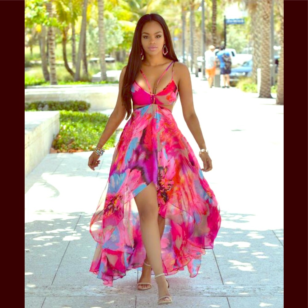 Chiffon Bohemian Pink Maxi Dress M